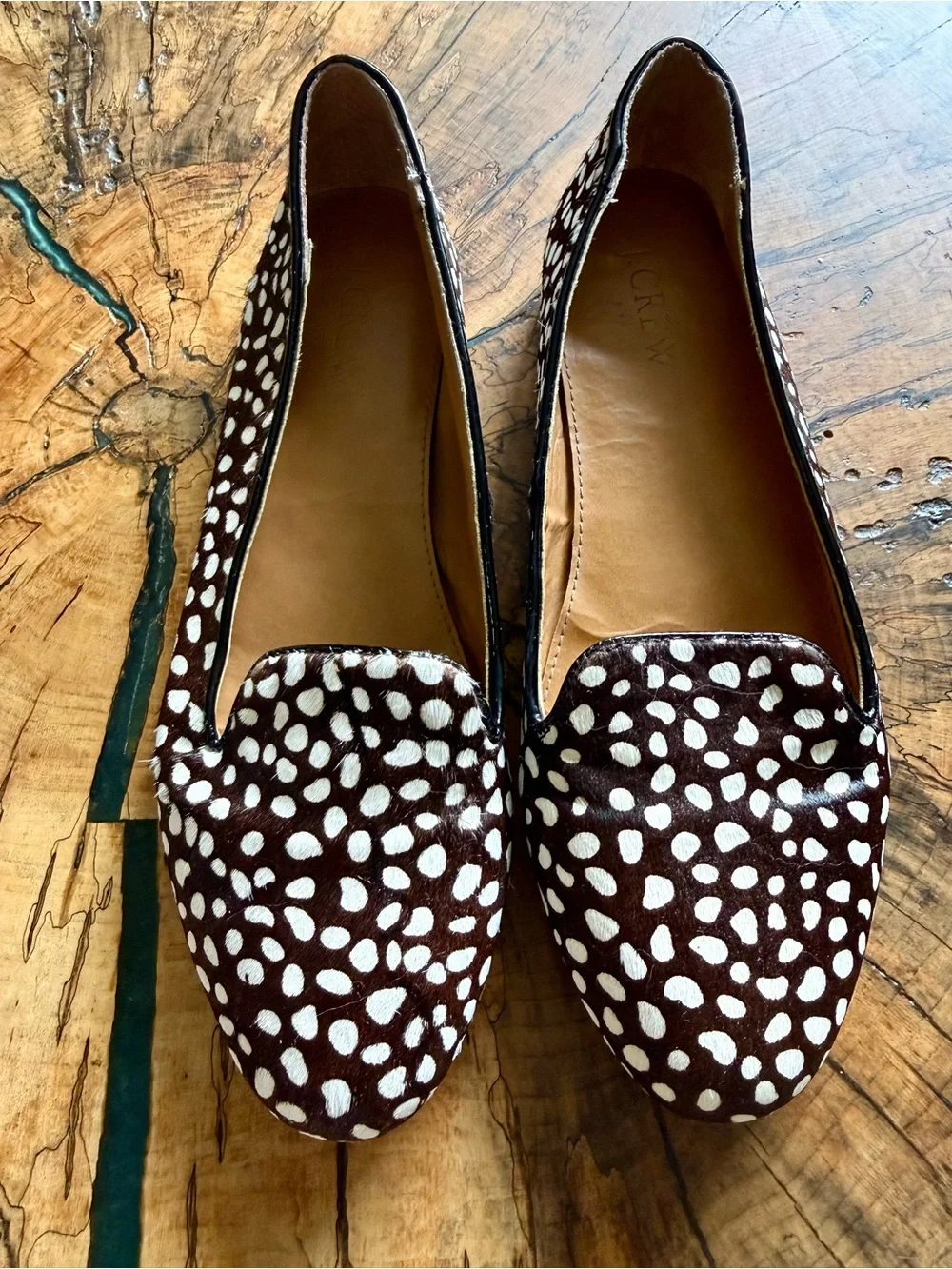 J. CREW Cora Calf Hair Smoking Flats Shoes Speckled Brown White Spots - Picture 2 of 8